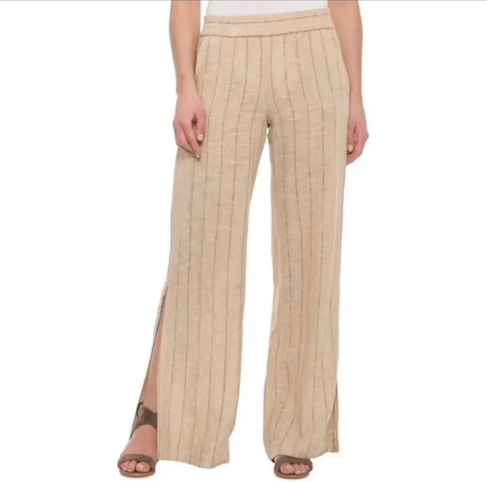 Drew Pants Small Tan Striped Linen Blend Wide Leg Slit Pull On